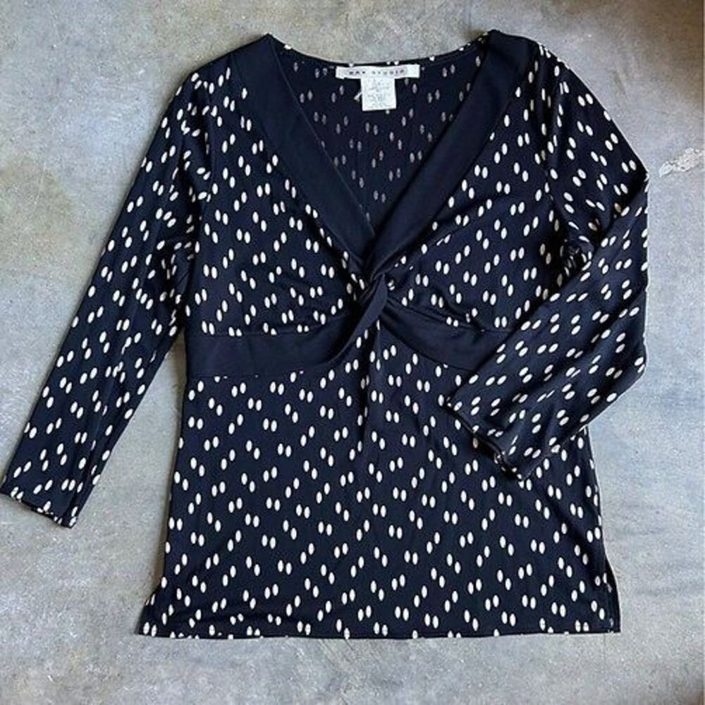 Max Studio Vintage Polka Dot Blouse Black White 3/4 Sleeve USA 90s